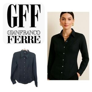 Gianfranco Ferre Vintage Black Shirt, 100% lino Long Sleeves Button Blouse
